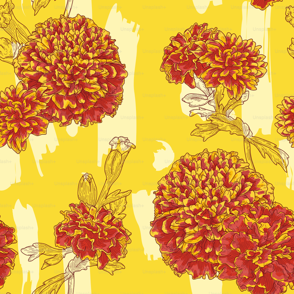 Detailed line artwork of marigold flowers, stems and leaves on a brush stroke background, forming a seamless pattern.