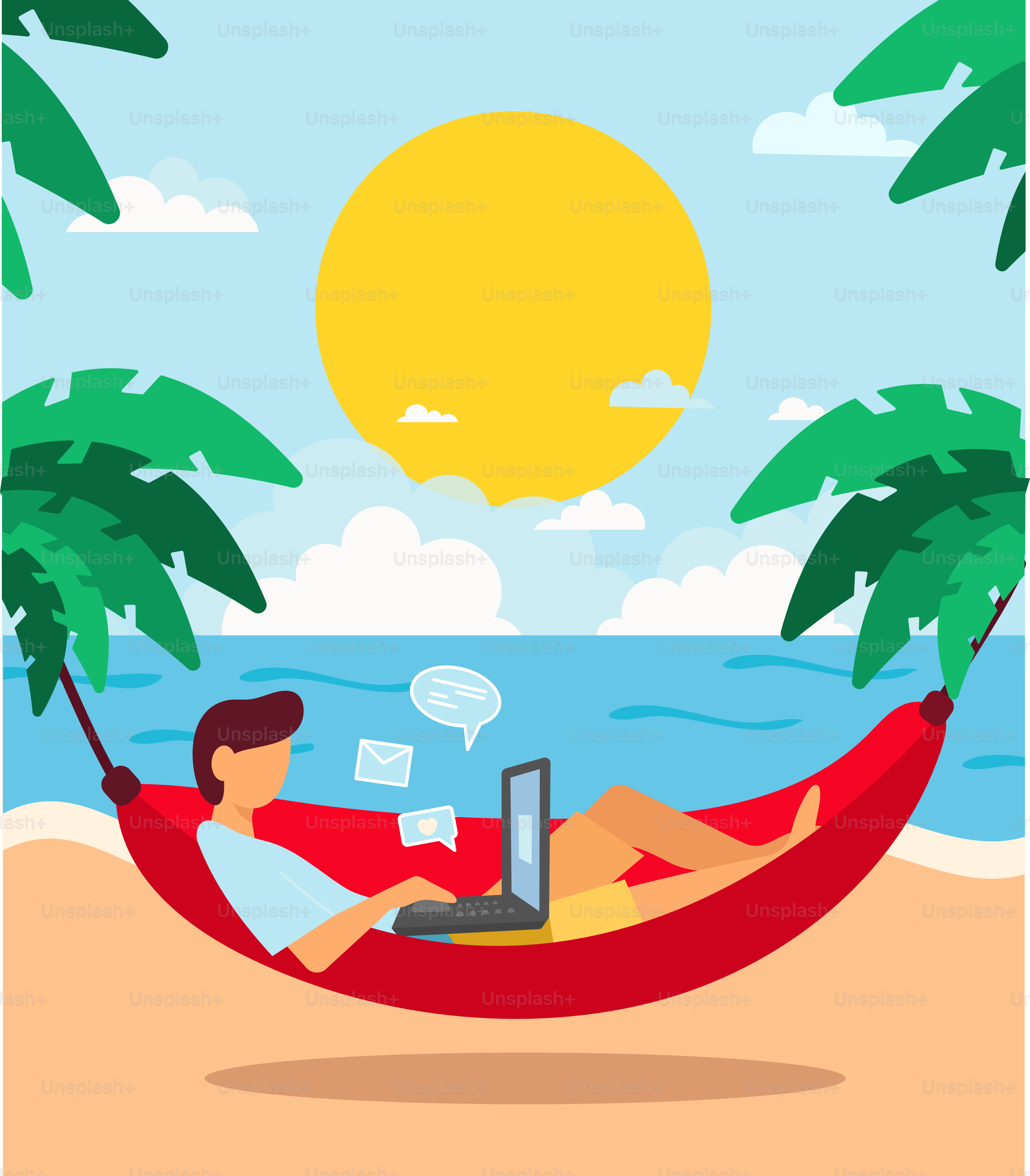 Freiberufliche isometrische Vektorillustration. Ein Mann mit einem Laptop arbeitet in einer Hängematte am Strand.