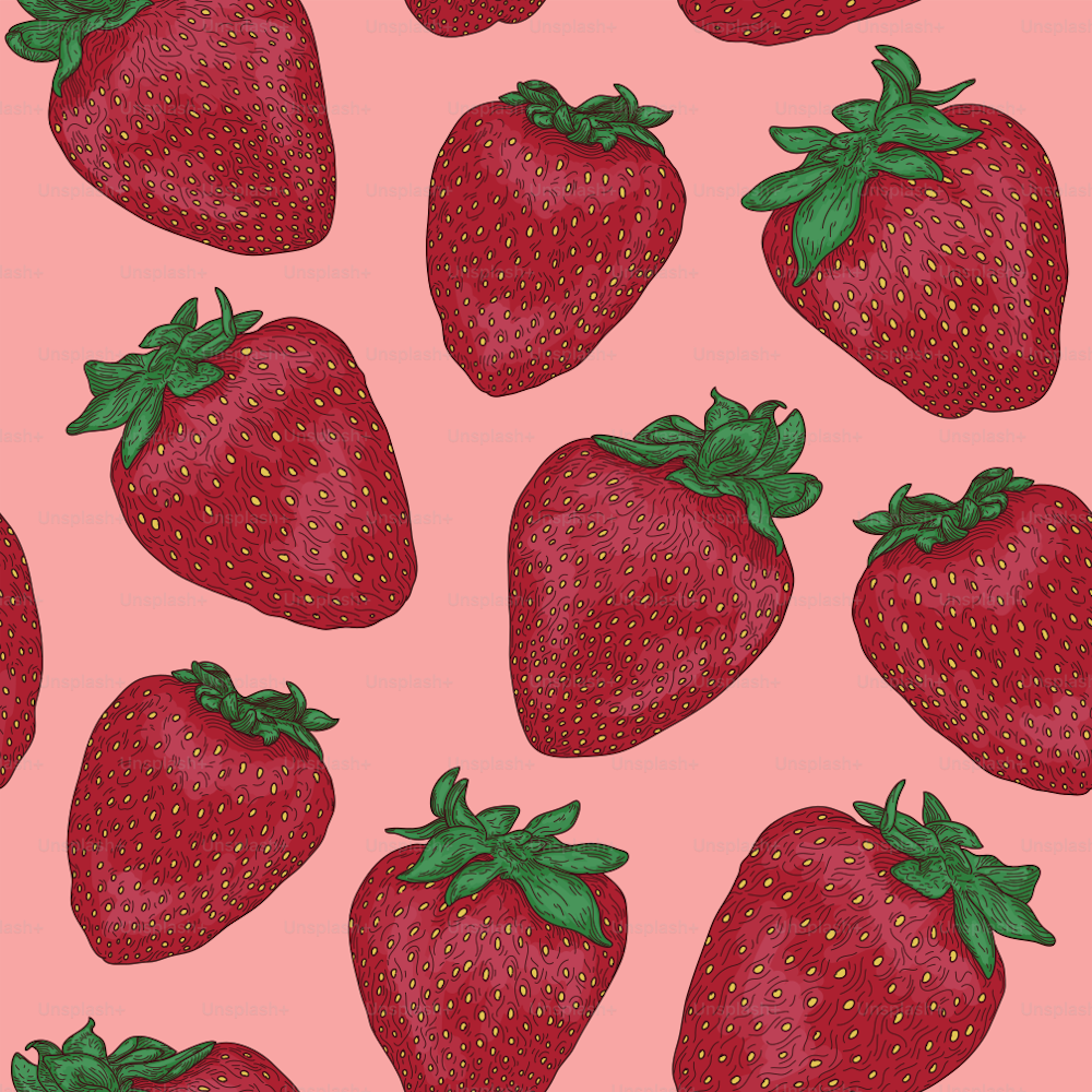 Detailed line artwork of strawberries at peak freshness in a seamless repeating pattern.