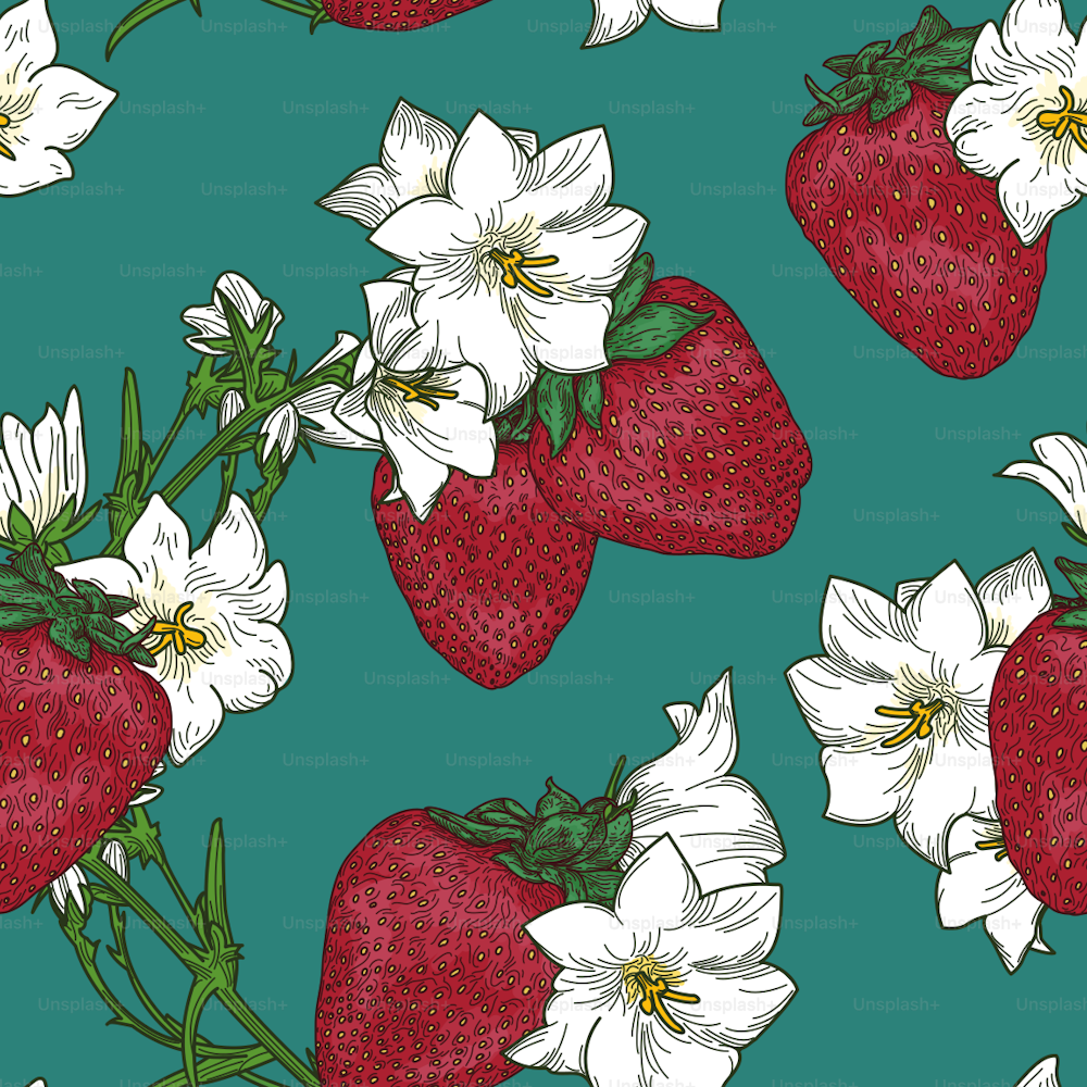 A fresh and sweet seamless floral pattern with clematis flowers, vines and strawberries.