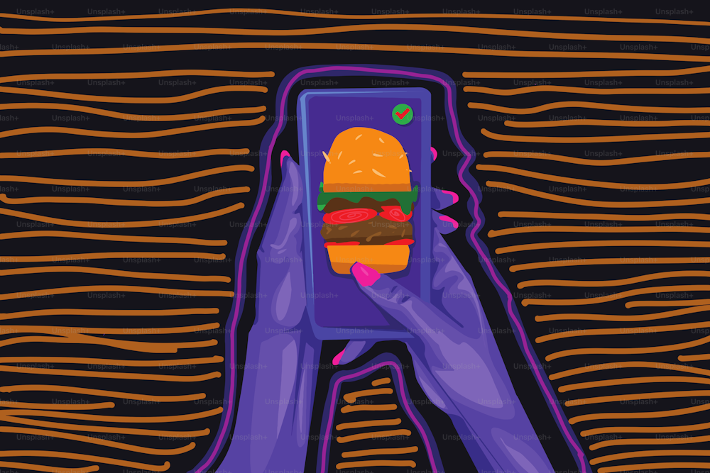 Neon orange and blue illustration of an app for ordering food