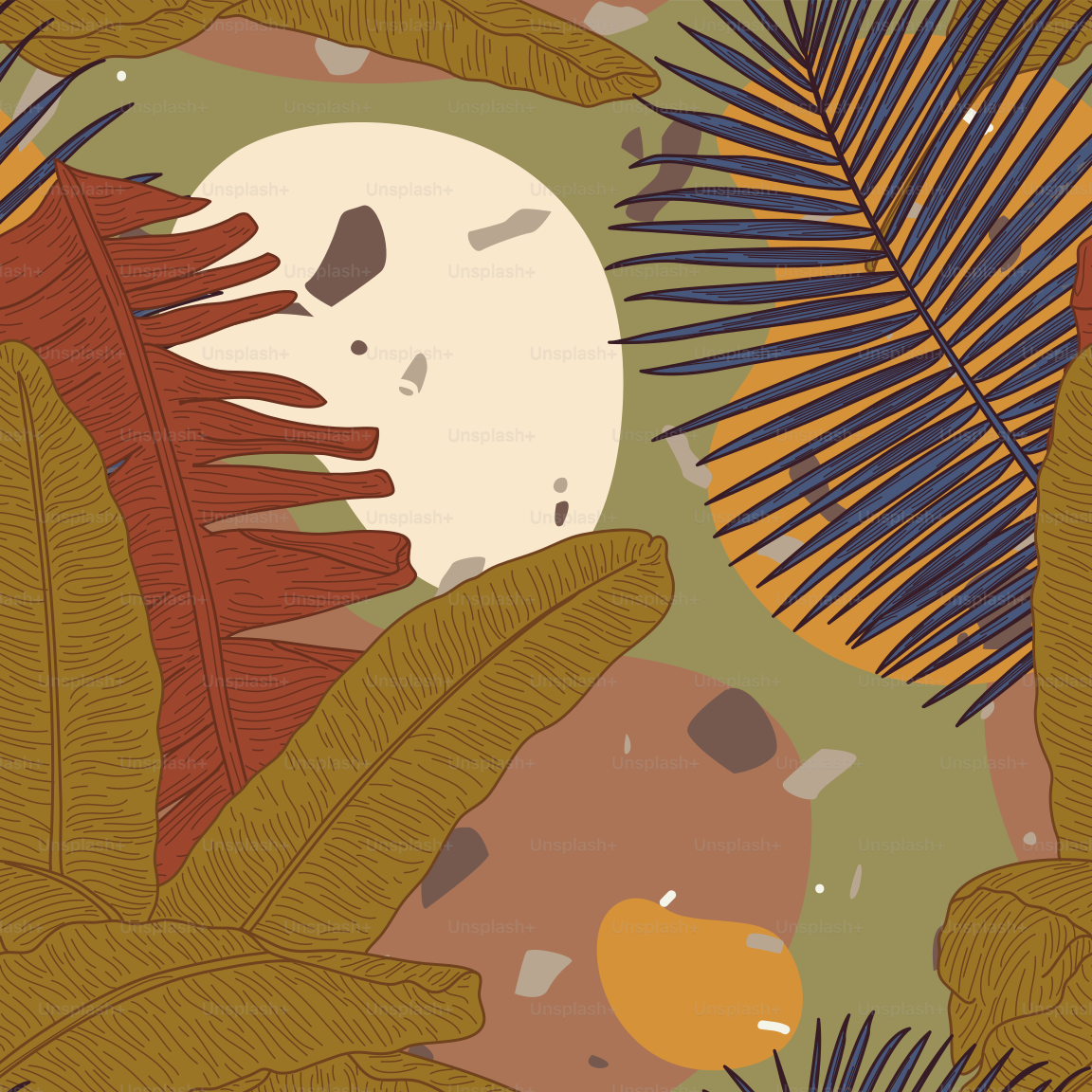 Seamless tropical leaf patterns in a line art style in trendy earthy and terracotta colors. Makes a great background or frame!