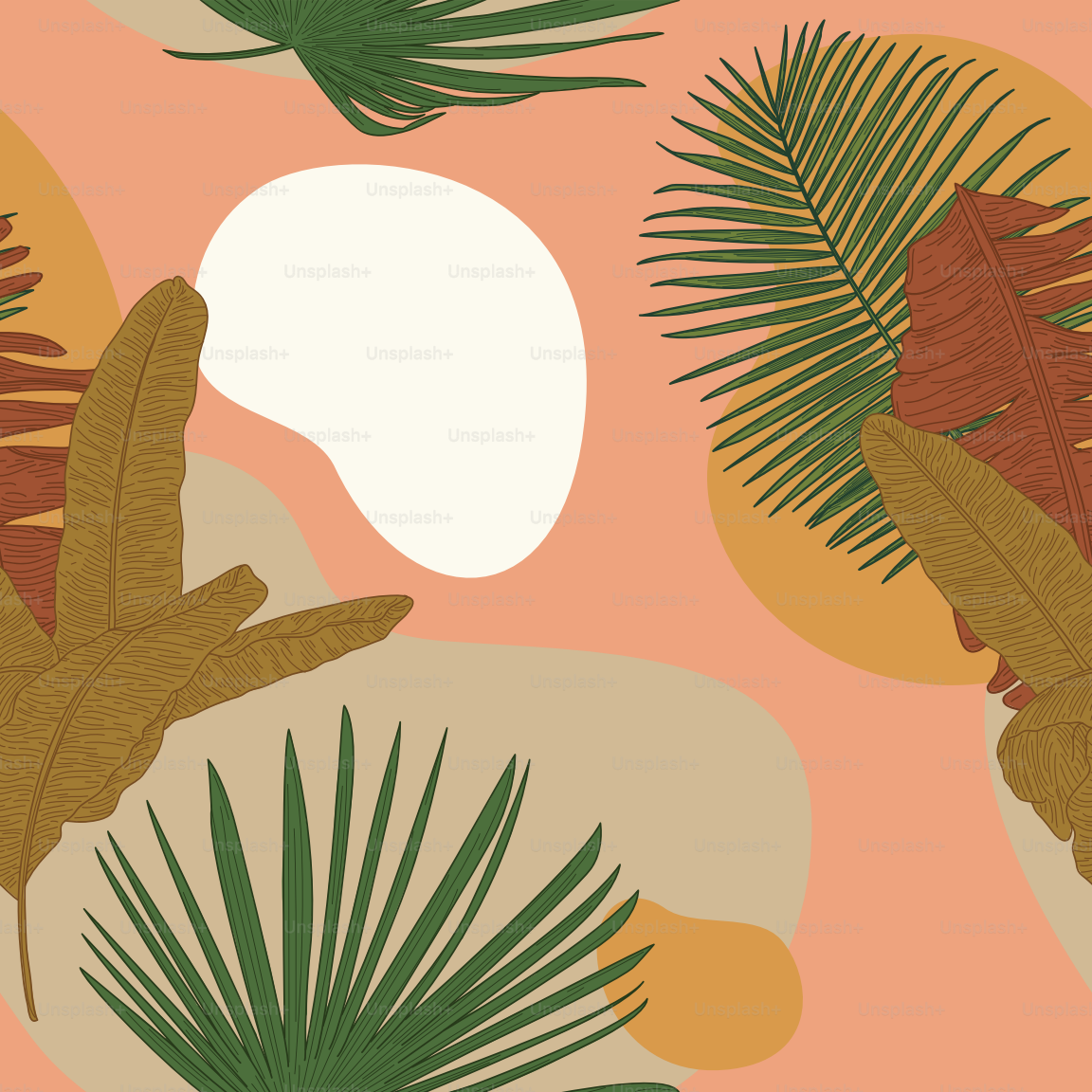 Patrones tropicales de hojas sin costuras en un estilo de arte lineal en colores modernos, terrosos y terracota. ¡Hace un fondo o marco estupendo!