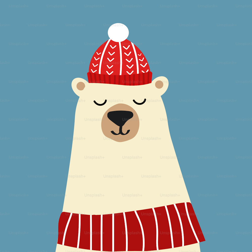 모자와 줄무늬 스카프를 착용한 귀여운 만화 북극곰의 일러스트. 배너, 포스터, 인사말 카드 템플릿입니다.