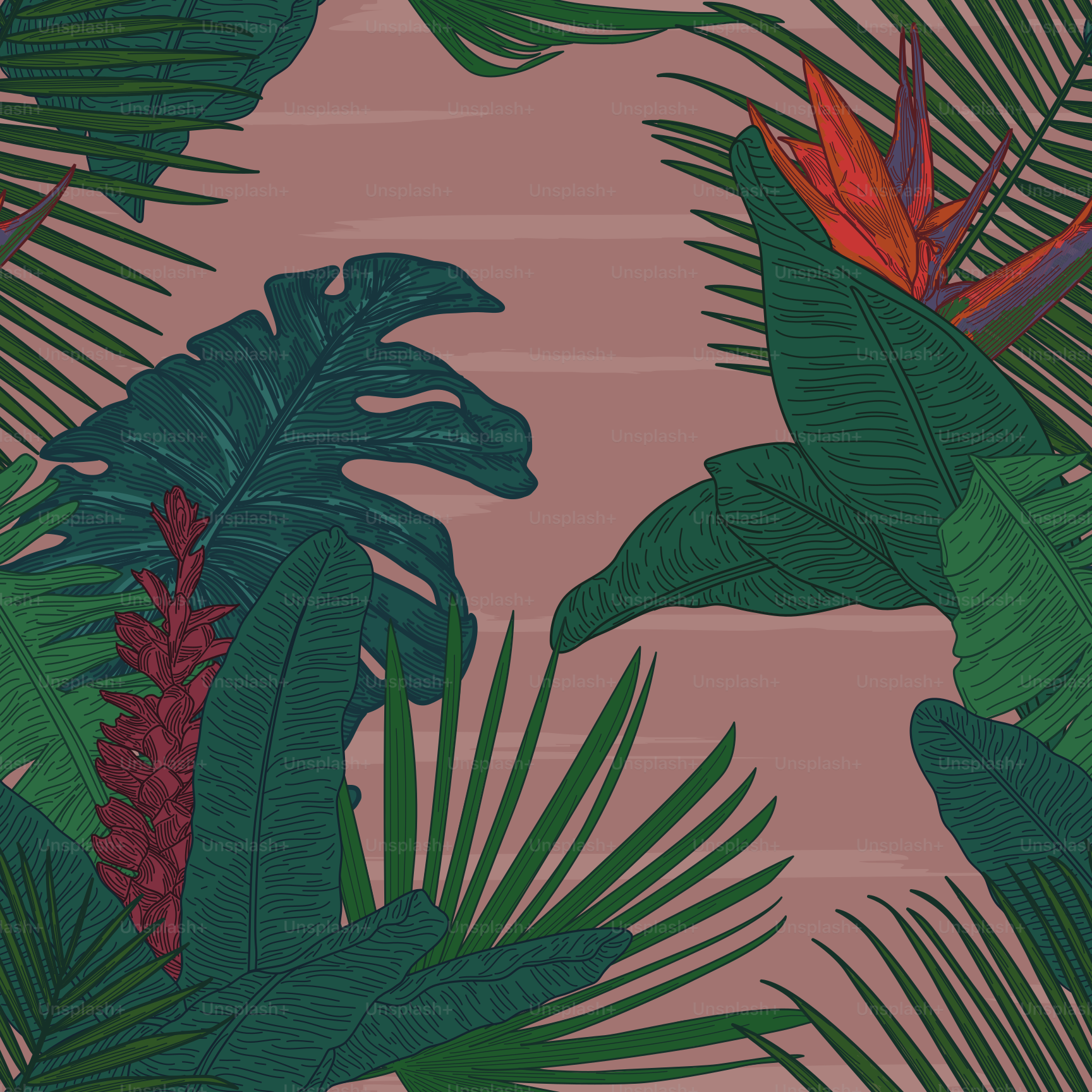 A grouping of blue toned tropical greenery and foliage make a perfect seamless repeating pattern or background.