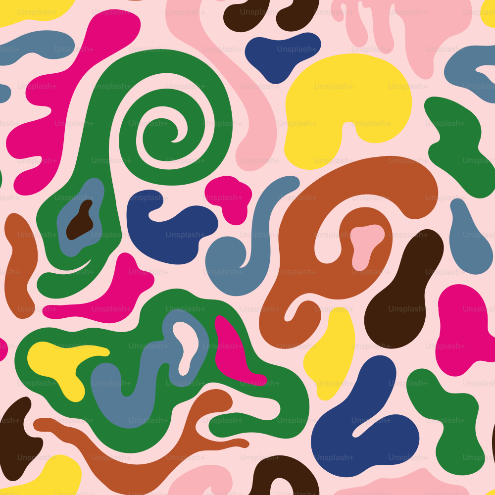 A multicoloured rainbow of 1960s hippie swirl, squishy shapes arranged in a seamless pattern.