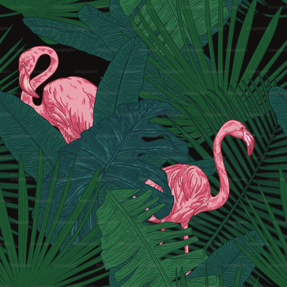 Flamingos are tucked in behind big detailed tropical leaves in this seamless pattern.