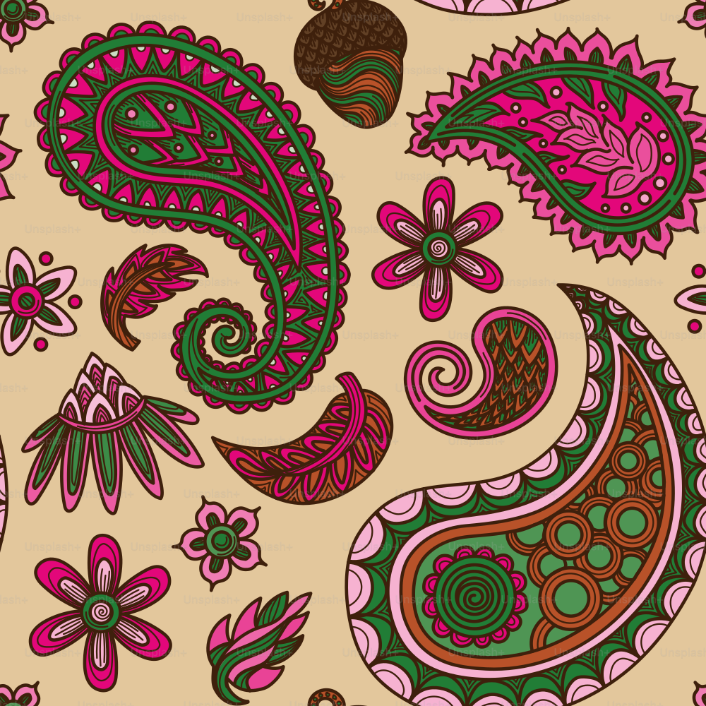 Hand drawn floral autumn paisley print. Autumn color palette, global colours are easy to change.