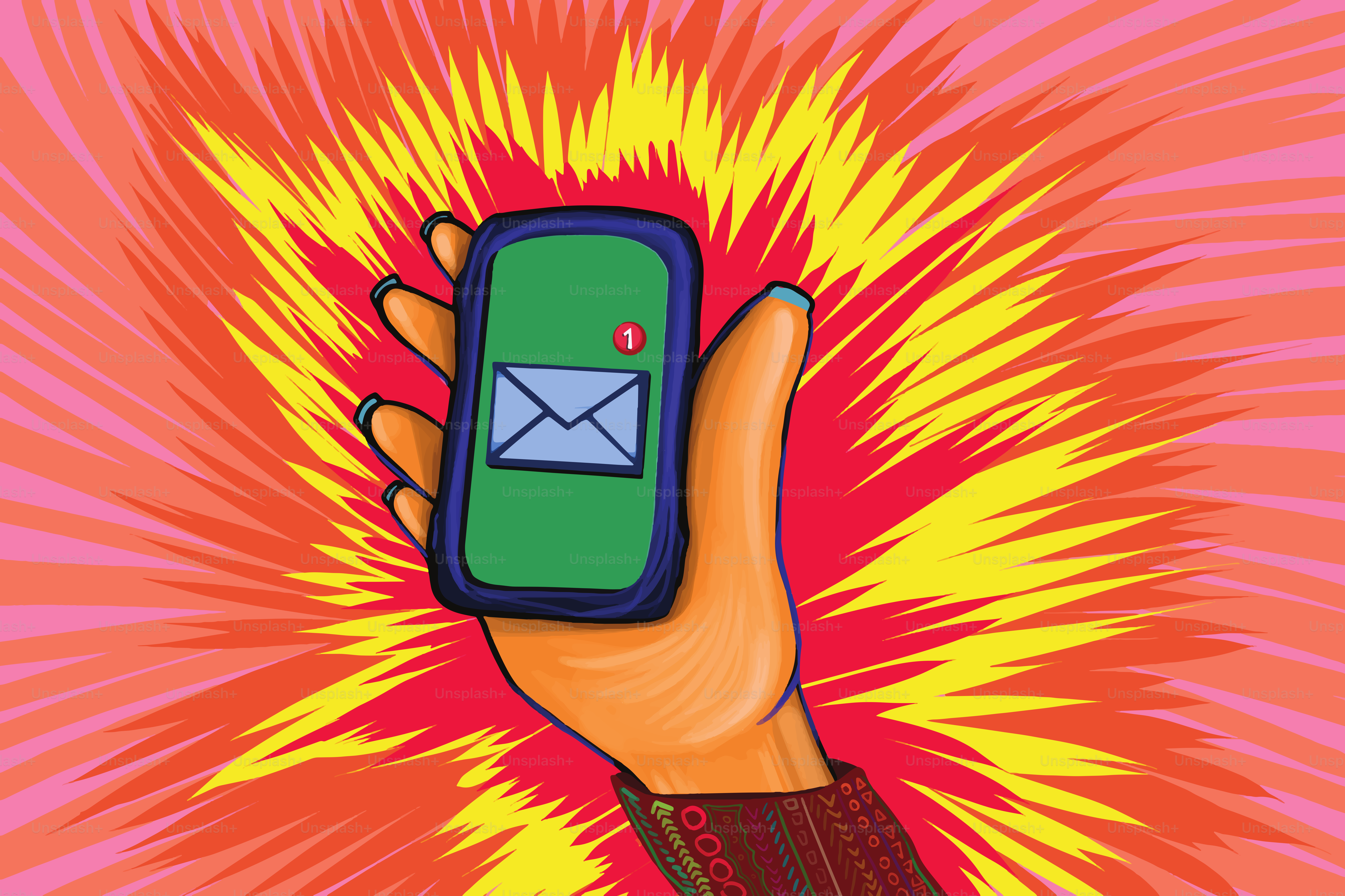 Ilustración de una mano sosteniendo un teléfono con un mensaje recibido