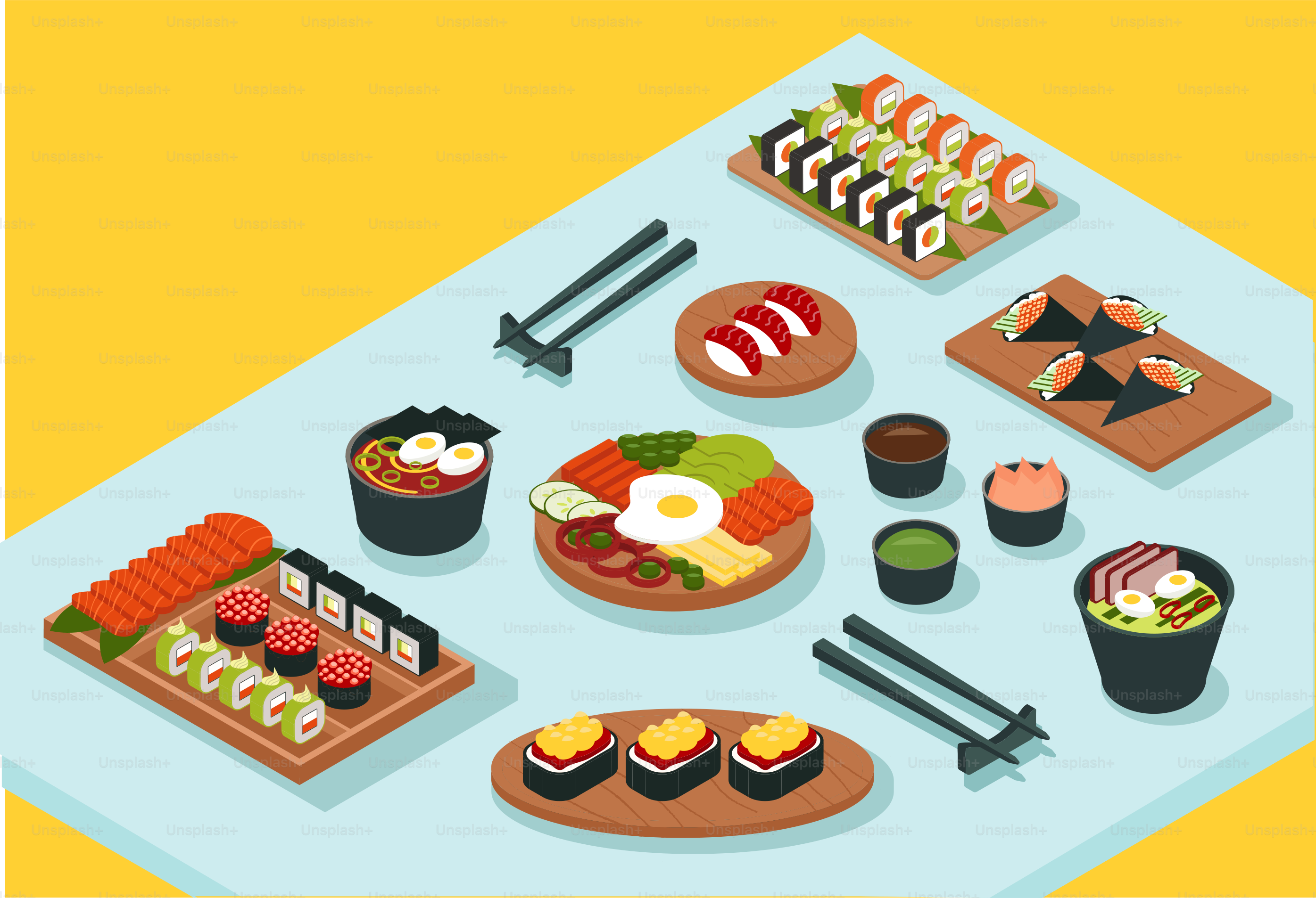 Sushi et rouleaux vecteur isométrique