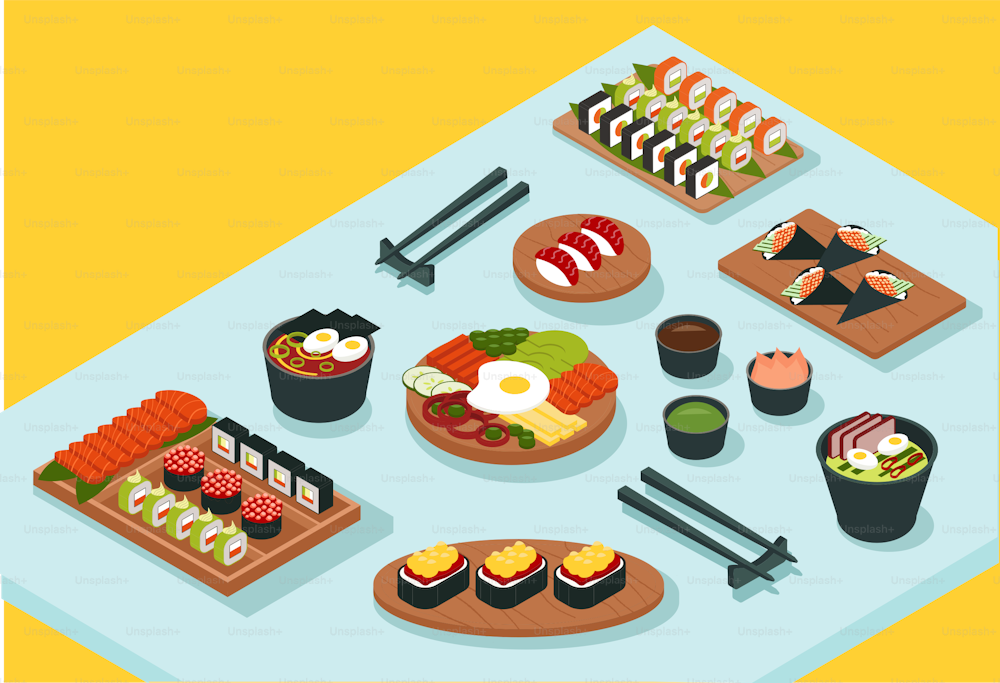 Sushi and Rolls Isometric Vector