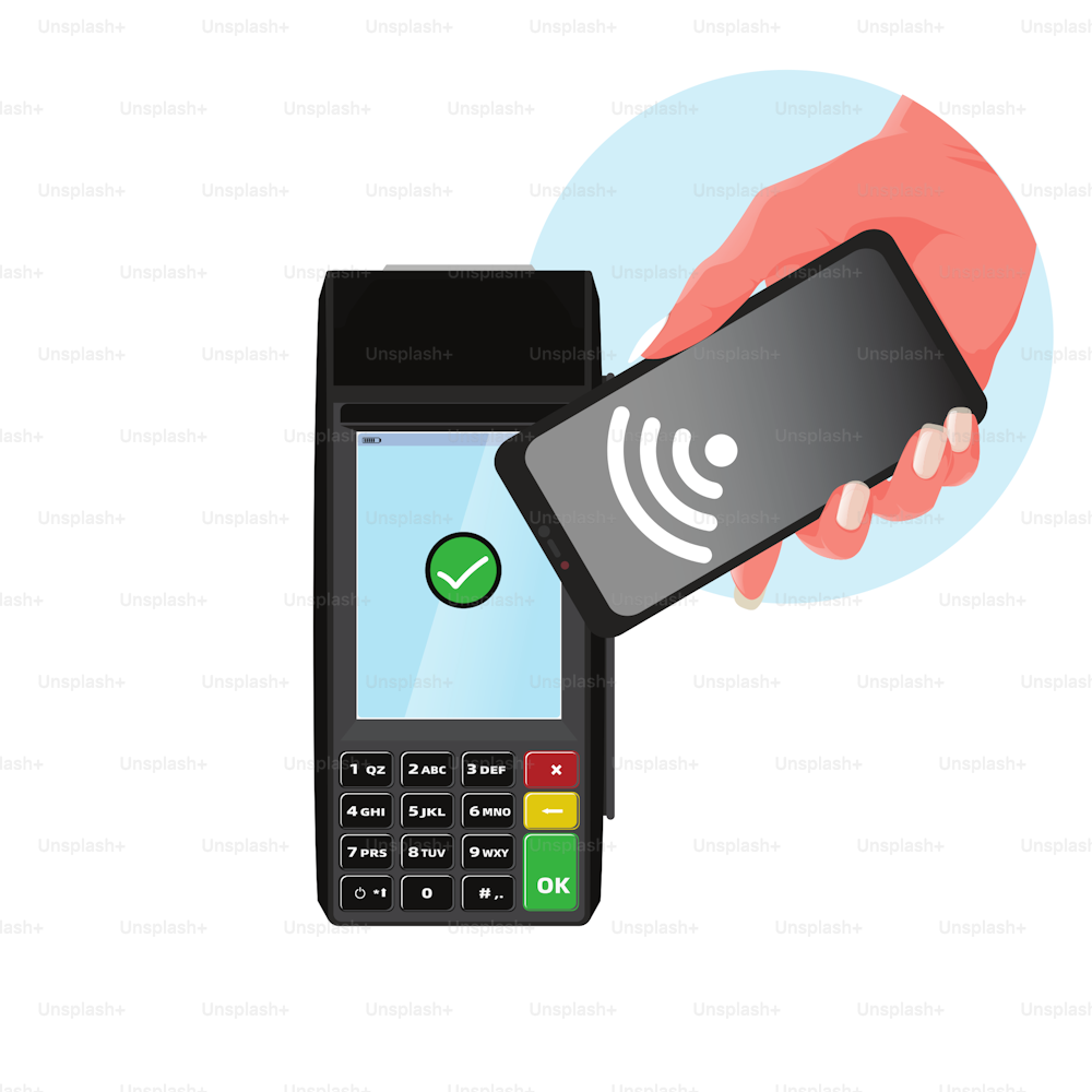 NFC 기술을 사용하여 mobilphone에서 pos 단말기로 지불하는 벡터 이미지.