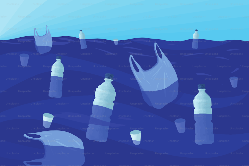 플라스틱 병과 비닐 봉지가 물에 떠 있는 그림으로 플라스틱 쓰레기의 큰 문제를 나타냅니다.