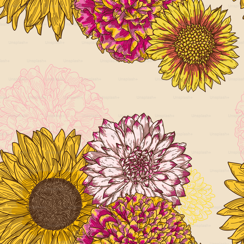 Detailed floral patterns with a 1970s autumn theme for a perfect fall background. Featuring sunflower, blanket flowers, marigolds and chrysanthemum. Global colors, easy to change swatches.