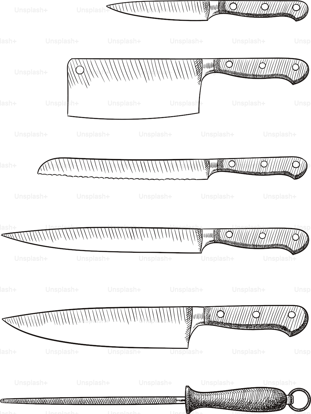 Old style illustration of different knives