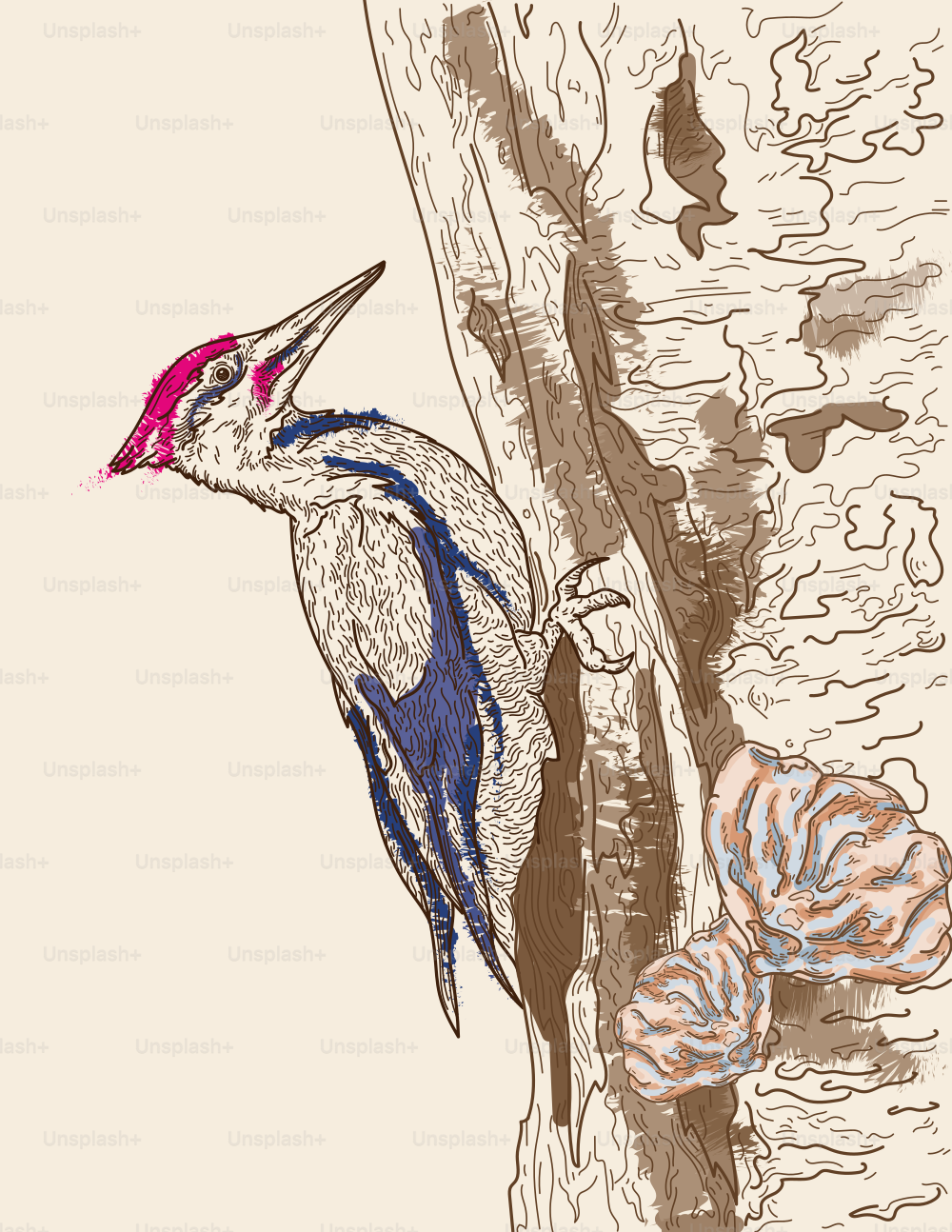 Highly detailed line artwork of a pileated woodpecker perched on the side of a tree.