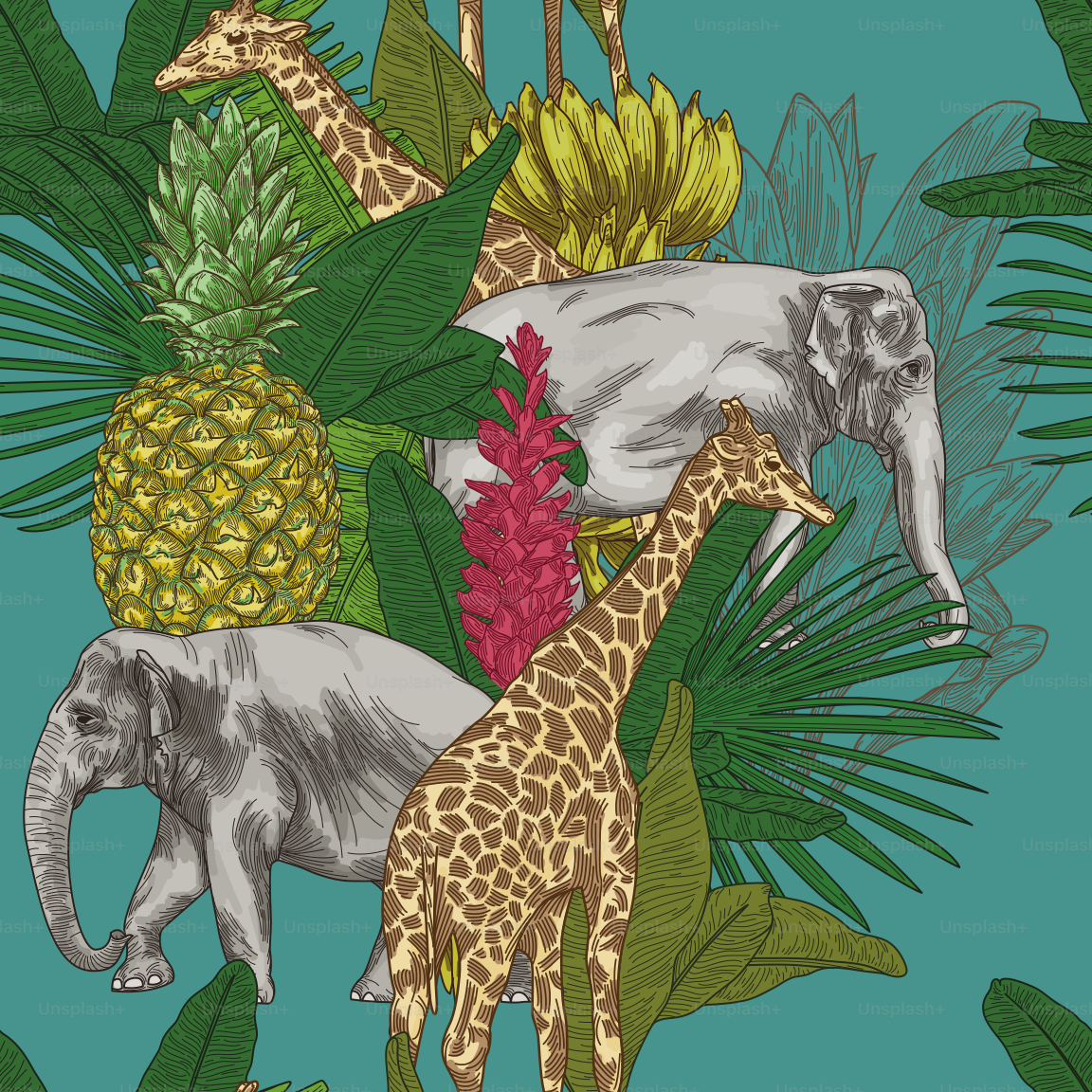 A mixed melange of elephants and giraffes on a tropical background make for a detailed line art seamless pattern.