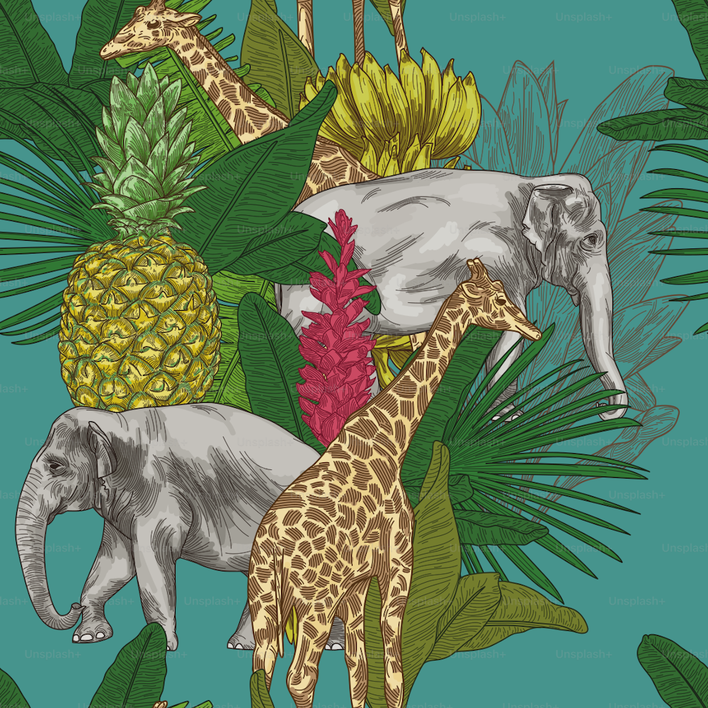 A mixed melange of elephants and giraffes on a tropical background make for a detailed line art seamless pattern.