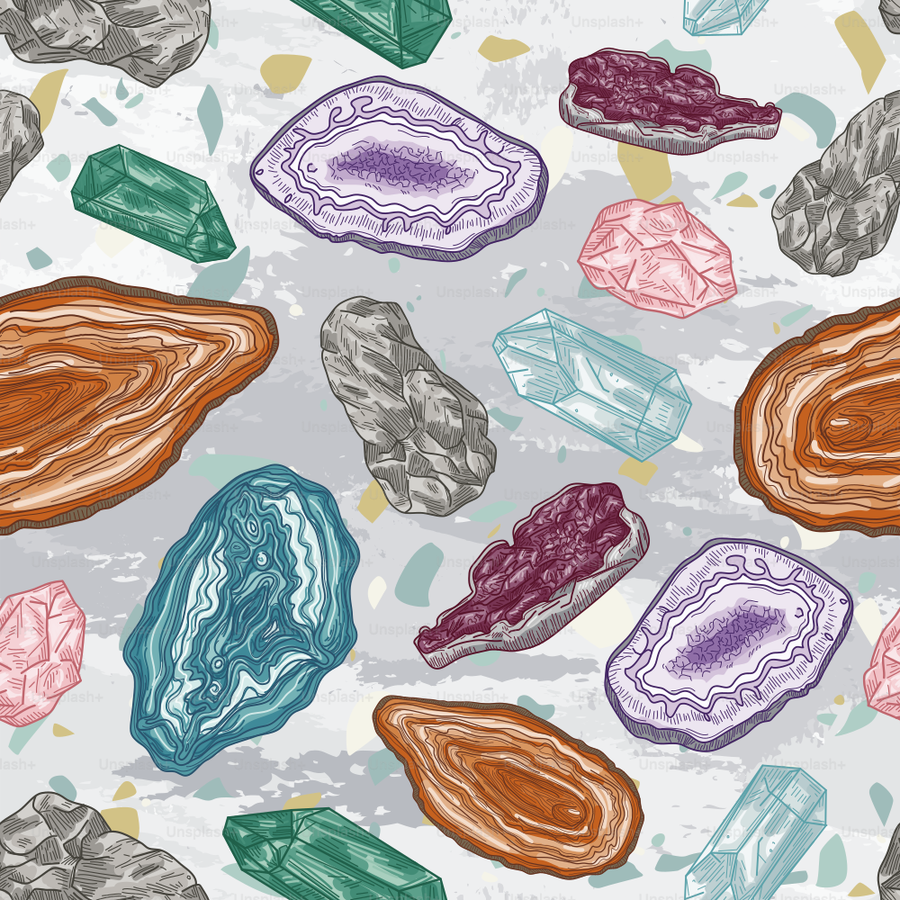 Uma variedade colorida de rochas, geodos e pedras preciosas em um fundo texturizado.