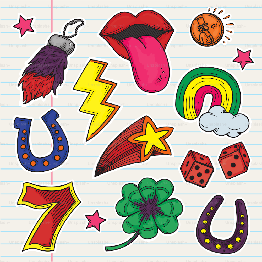 Lustiges und flippiges Retro-Glücksbringer-Set für Kinder aus den 80er und 90er Jahren. Jeder Sticker ist in Farb- und Liniengrafiken sowie Hintergrundebenen unterteilt. Globale Farben, einfach zu ändern.