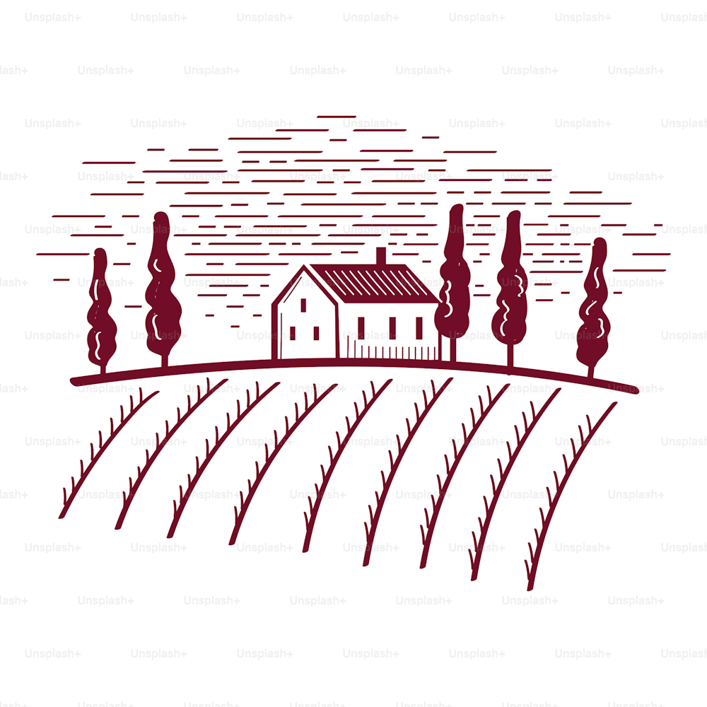 家と畑の彫刻スタイルのイラスト。赤インクのスケッチ。ブドウ畑の風景。白で分離されています。