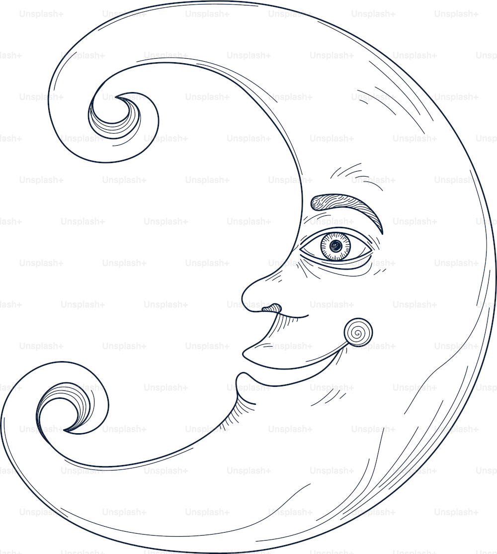 A woodcut styled line art moon. Global colors used, easy to change