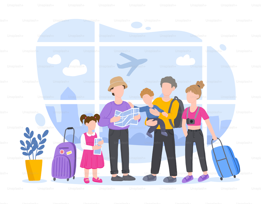 Family Traveling on Vacation. People travel. Vector illustration. Big family at the airport.