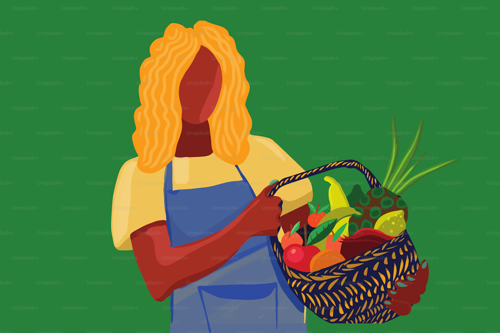 Ilustración de una mujer sosteniendo una canasta de paja llena de verduras saludables y orgánicas