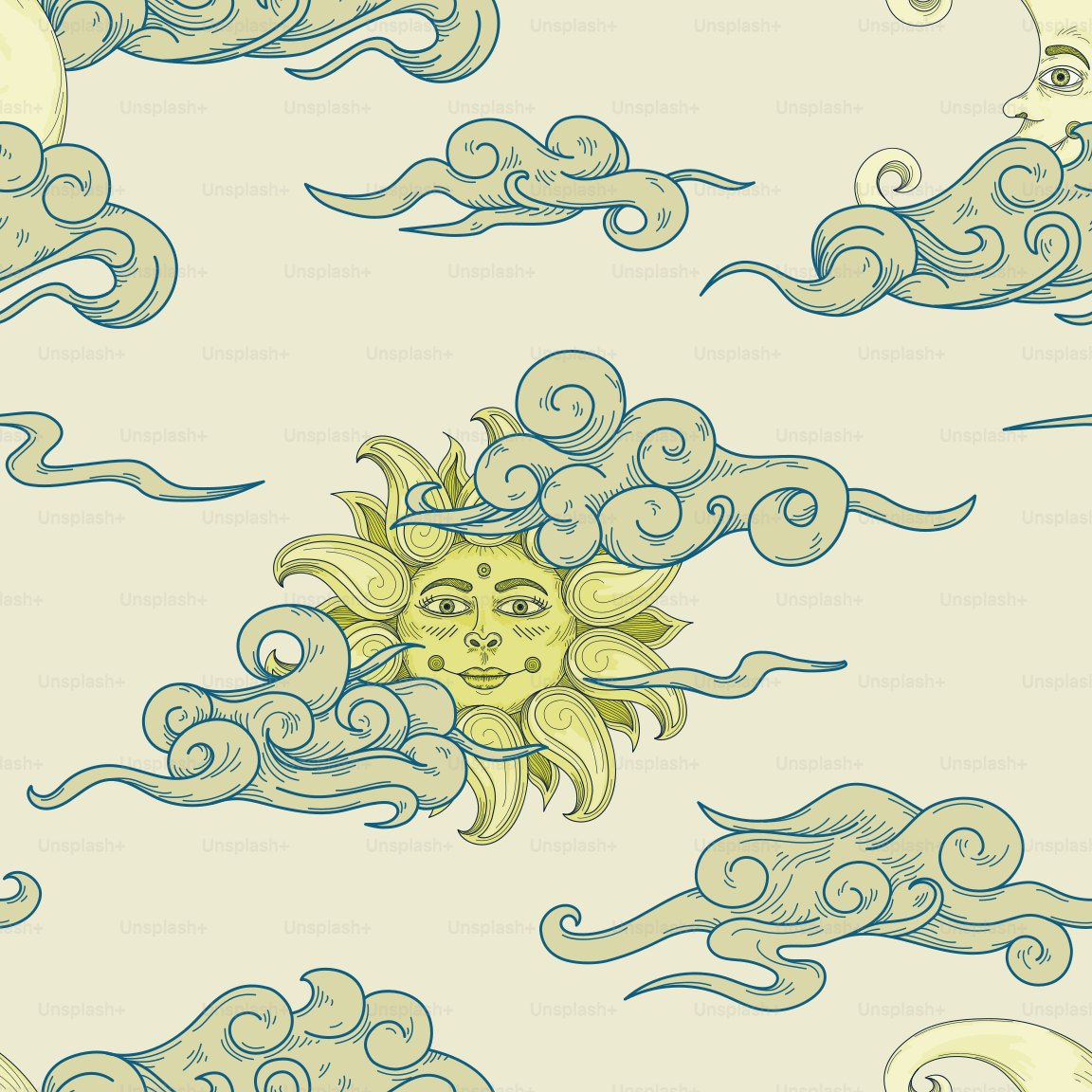 Arte lineal en un estilo grabado o brocado de los cielos, con sol, luna, nubes en una atmósfera ventosa. Colores globales, fáciles de cambiar.