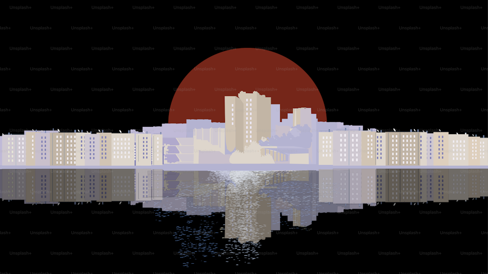 The city is reflected in the water, the sun rises outside the city against the dawn sky in a horizontal format