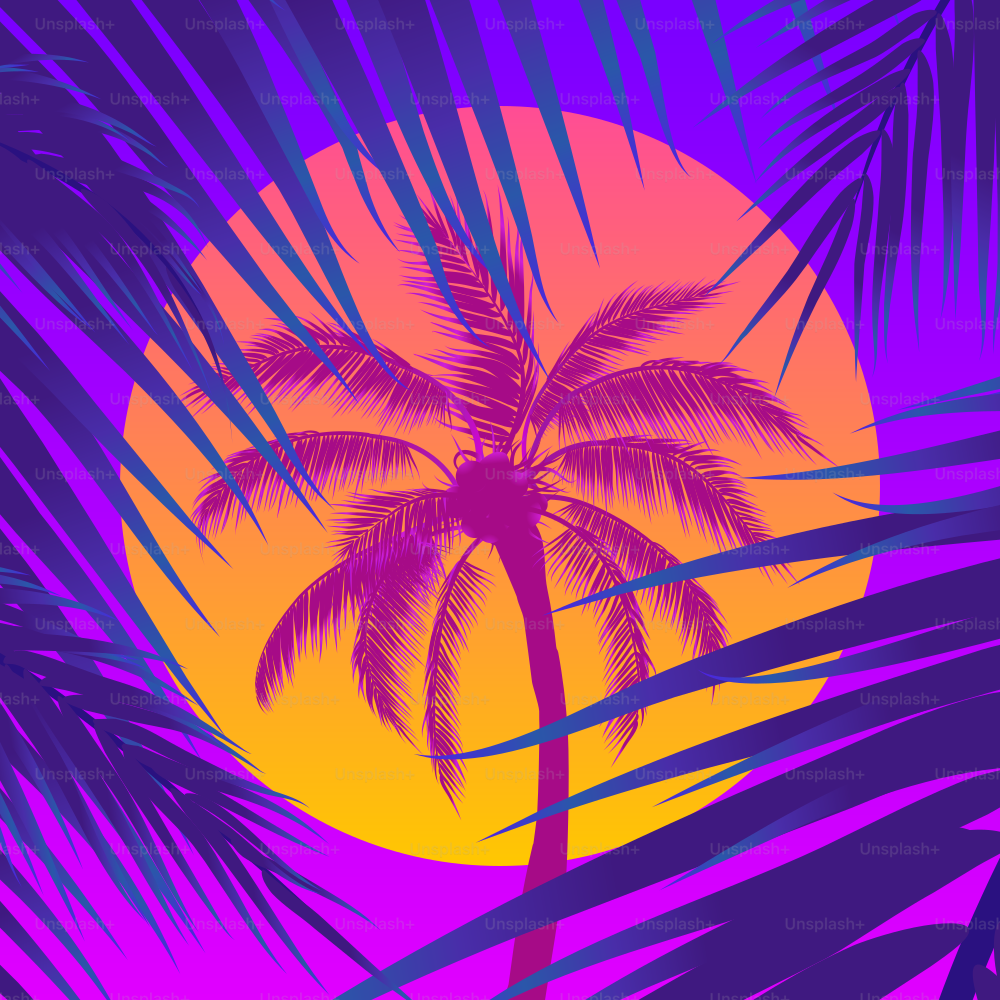Puesta de sol con palmeras, sol y fondo de hojas de palma. Ilustración vectorial. Fondo azul rosa.