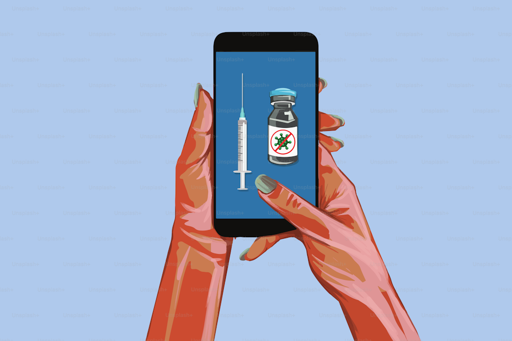 Illustrazione di mani che tengono un telefono cellulare e compilano il modulo di domanda per il vaccino covid-19