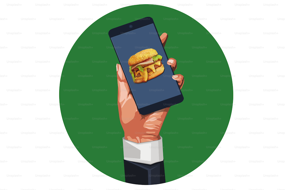 モバイルアプリを使ってハンバーガーを注文する男性のイラスト