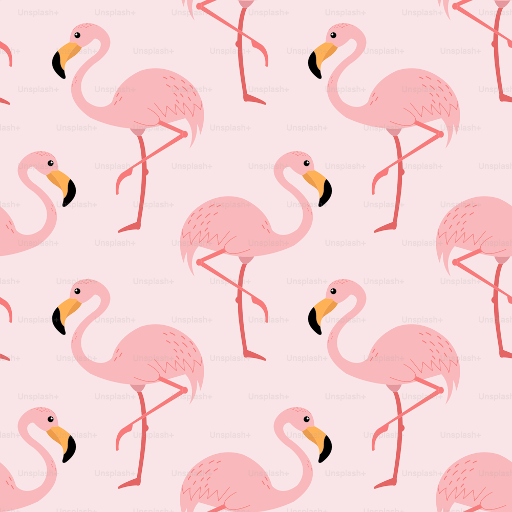 핑크 플라밍고 새가 있는 이음매 없는 패턴. 귀여운 벽지, 포장지, 배너, 표지 템플릿. 의류 프린트.