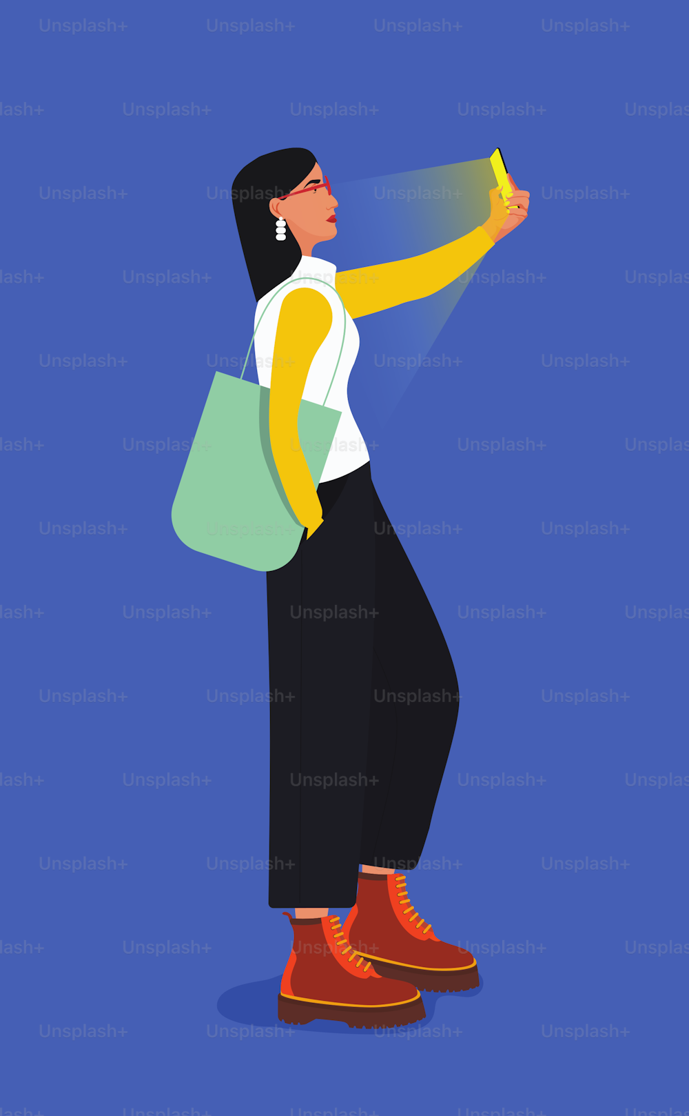 Illustrazione vettoriale di una ragazza alla moda dettagliata, che cammina e scatta un selfie.