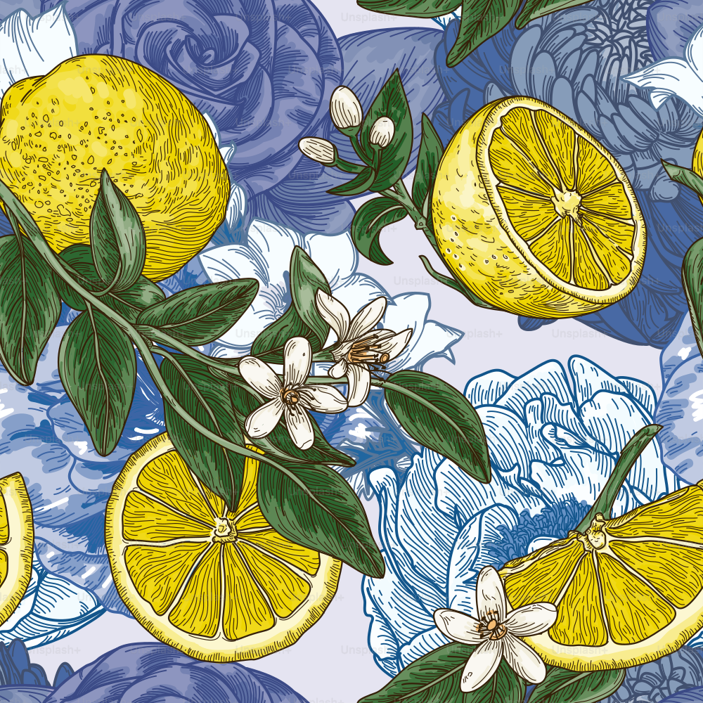 A sweet, greek themed fresh lemon seamless floral pattern