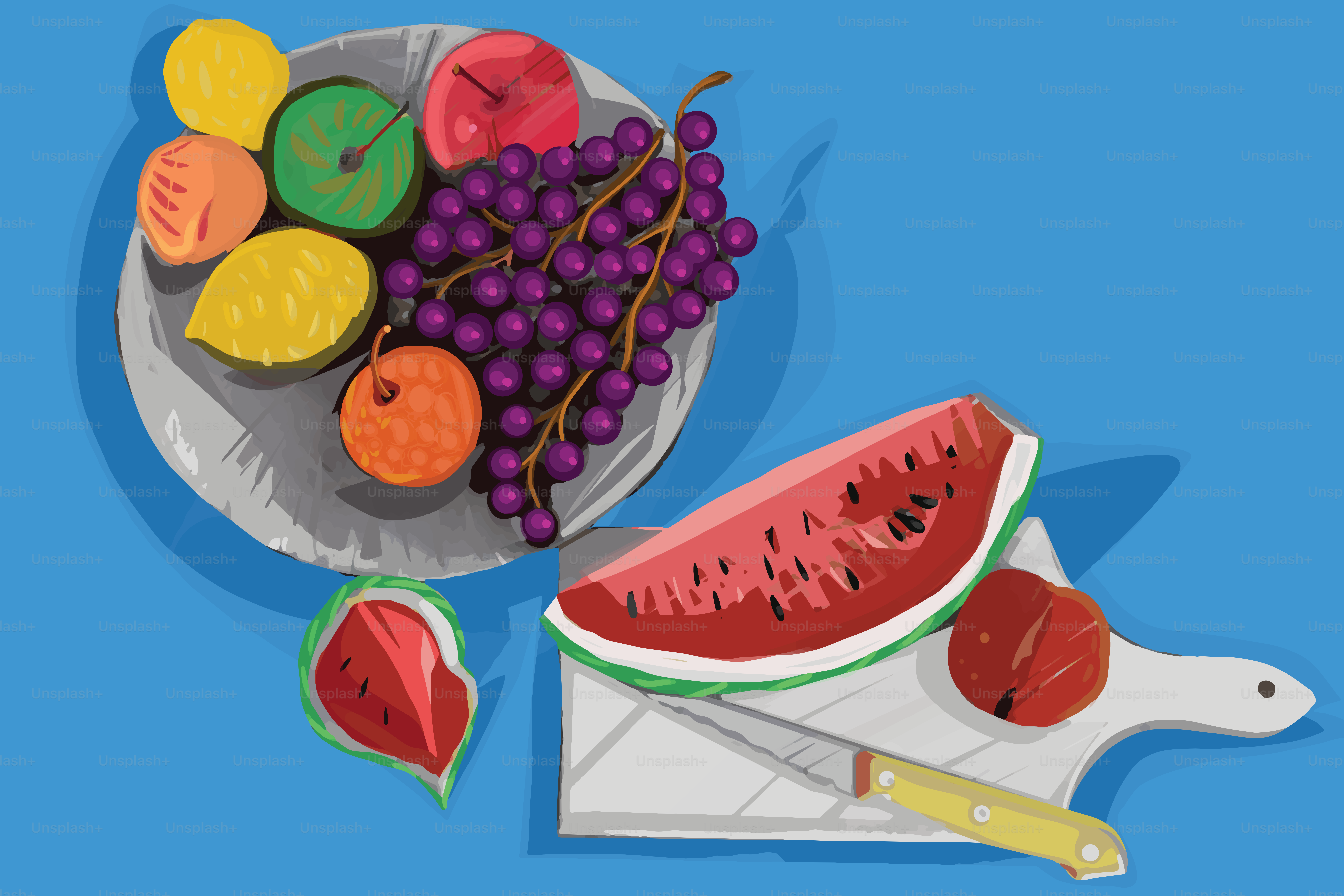 Frutta fresca di stagione illustrata su un piatto e un pezzo di anguria su sfondo blu