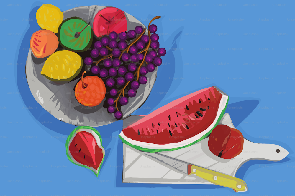 Illustrated fresh seasonal fruit on a plate and one piece of watermelon on blue background