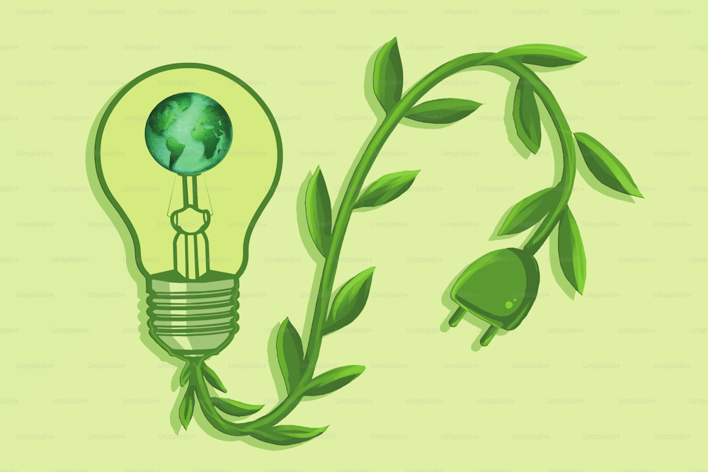 Ilustração de uma lâmpada sendo conectada a um cordão verde que é uma planta