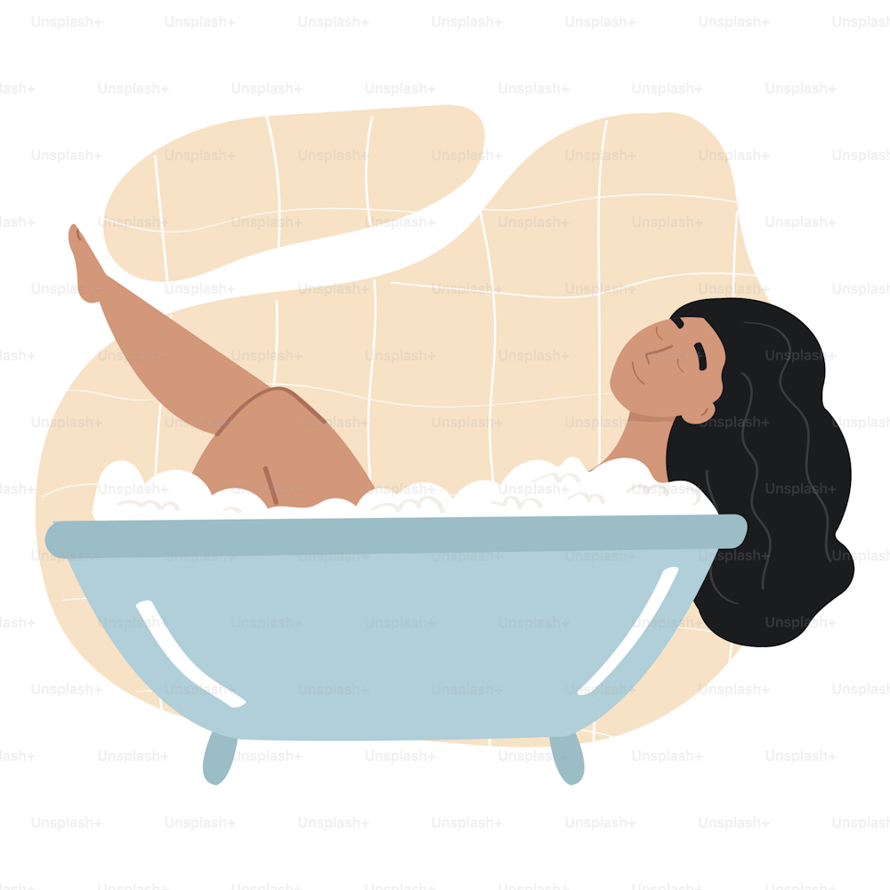 Una linda ilustración de una mujer relajándose en una bañera. Concepto de autocuidado. Muchacha en una bañera llena de burbujas de espuma. Aislado en blanco.