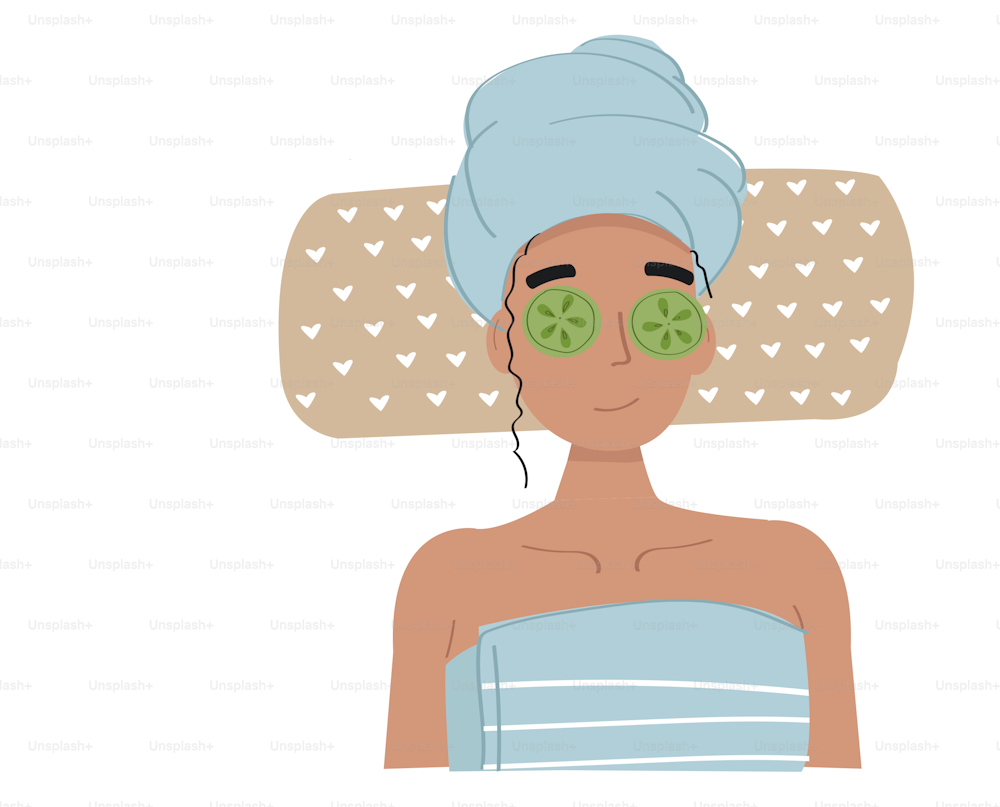 An illustration of a woman getting Spa treatment. Girl laying down with a towel on her head and cucumber slices on her face. Self care concept. Beauty routine.