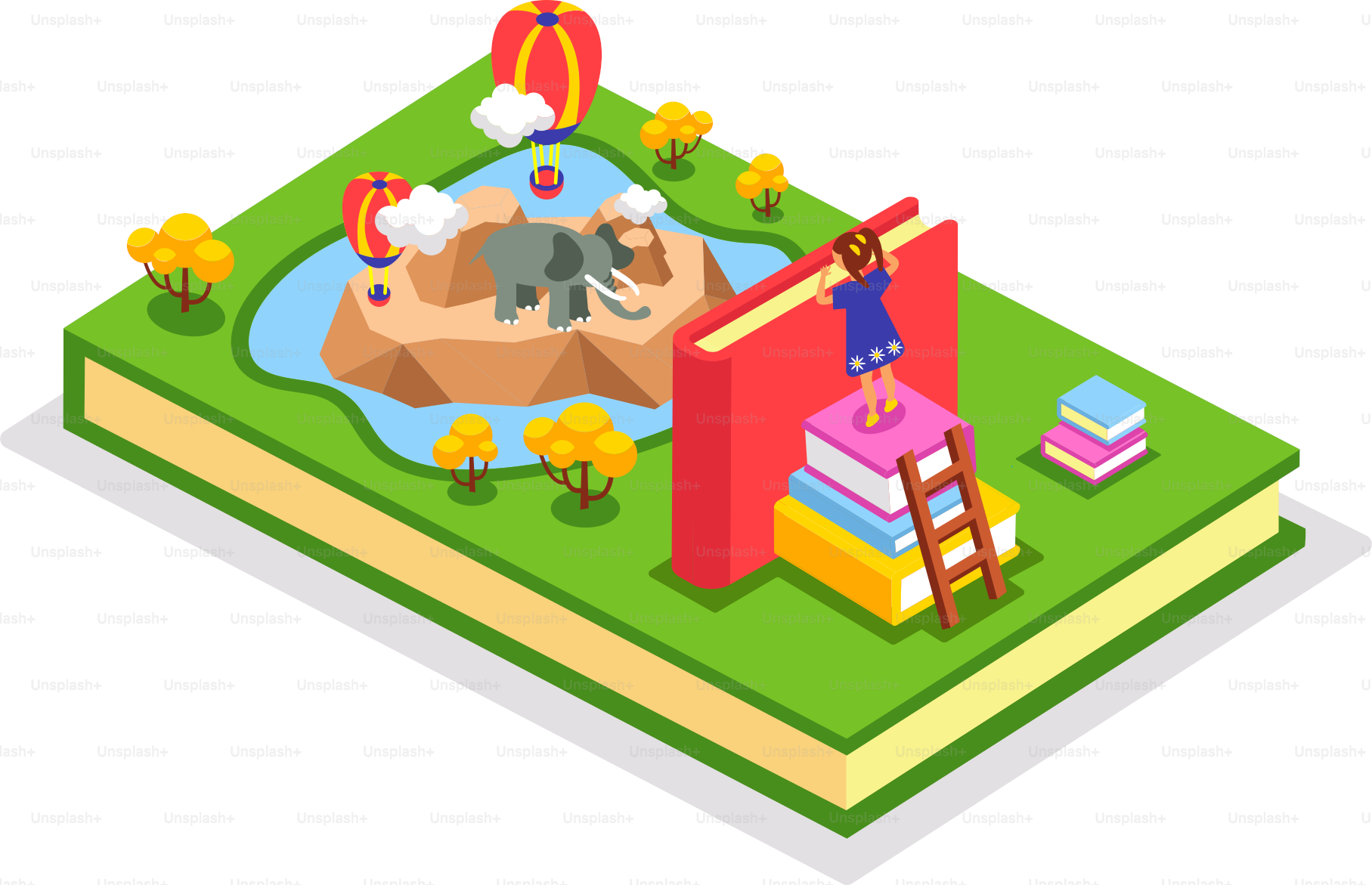 A girl stands on a pile of books, and looks into the world of stories and fantasy, with fabulous animal, balloons and beautiful nature. Isometric vector illustration.