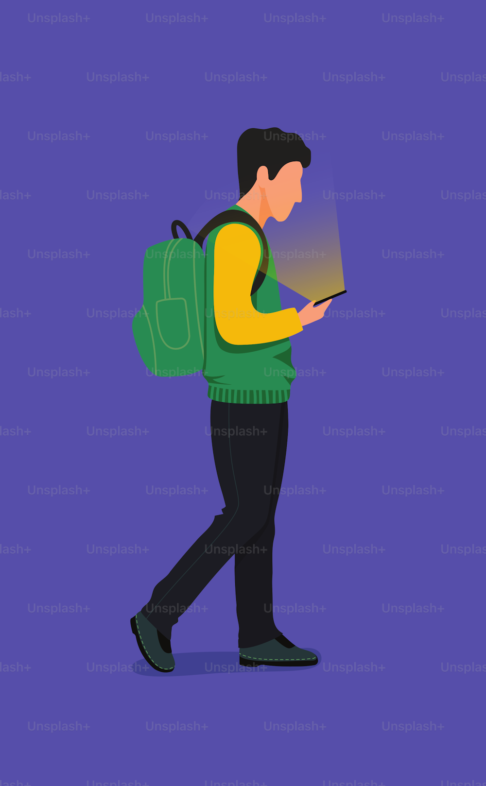 Ilustración vectorial de hombre de moda detallado, caminando y mirando el teléfono.