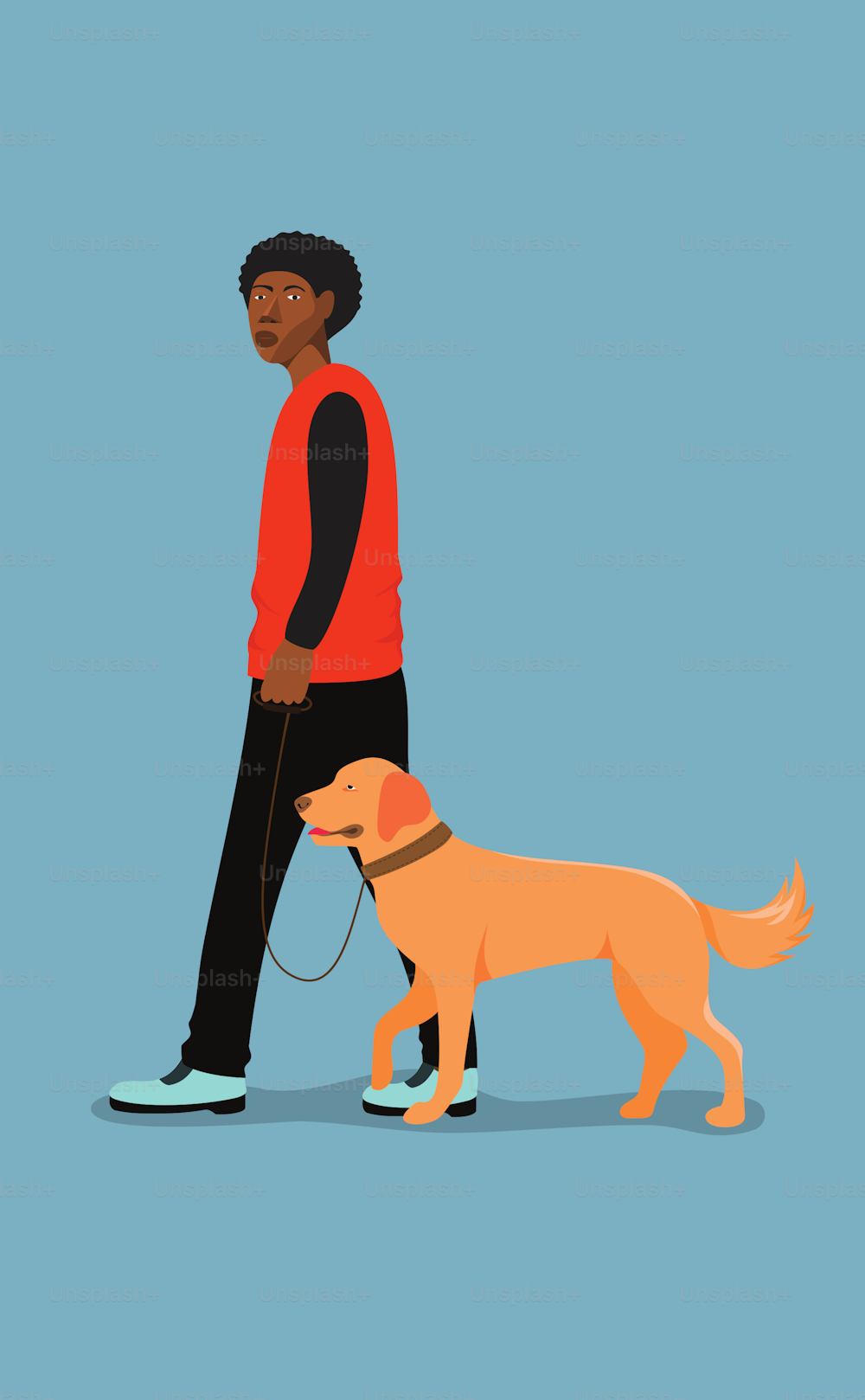 Vector detallado de caracteres, hombre negro caminando con perro grande.