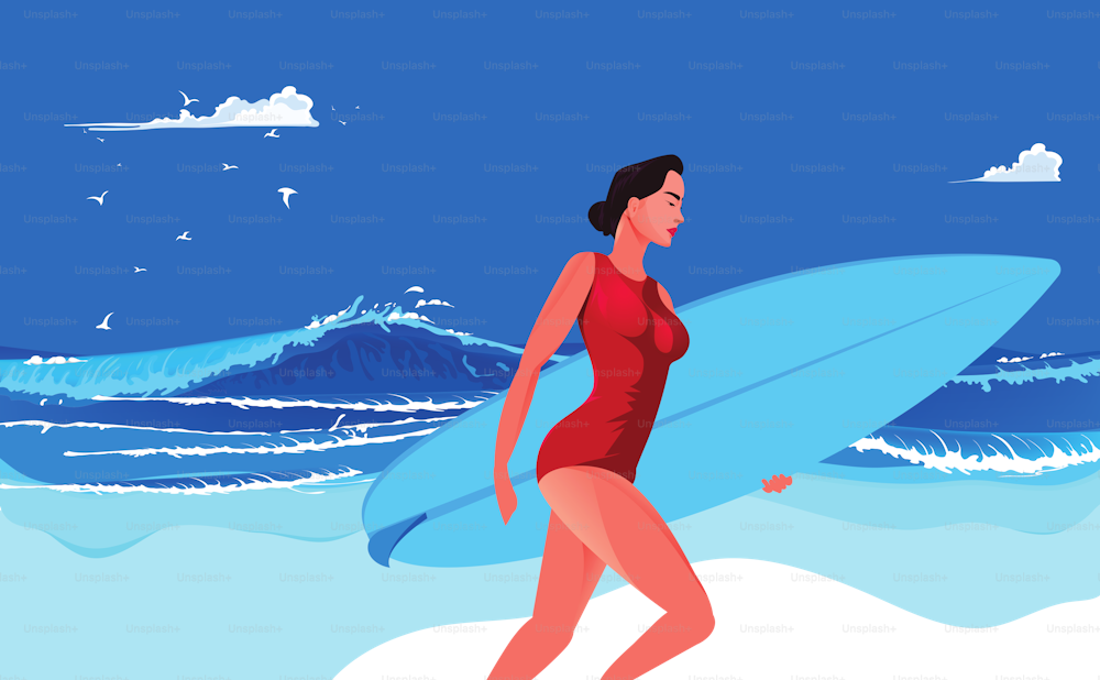 Chica feliz corre hacia el océano cargando su tabla de surf en un día soleado.