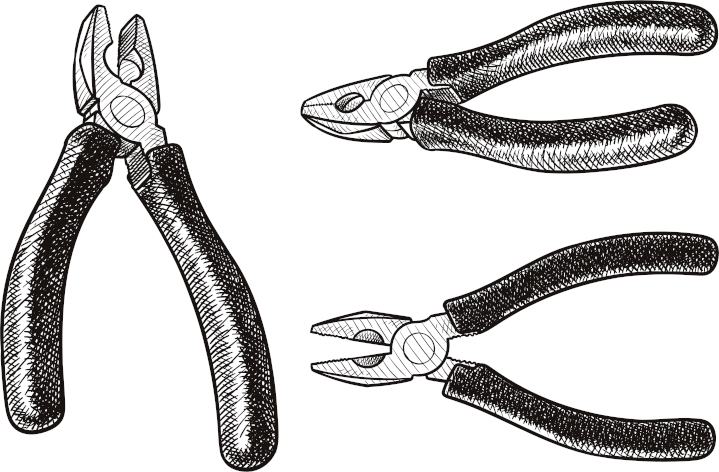 Old style illustration of pliers. Three different views.
