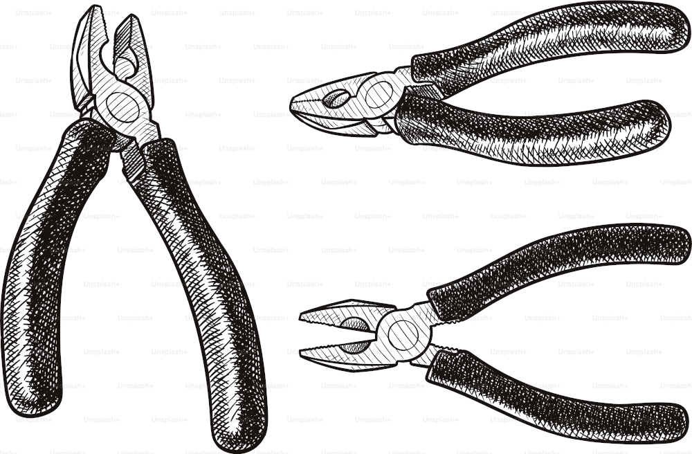 Old style illustration of pliers. Three different views.