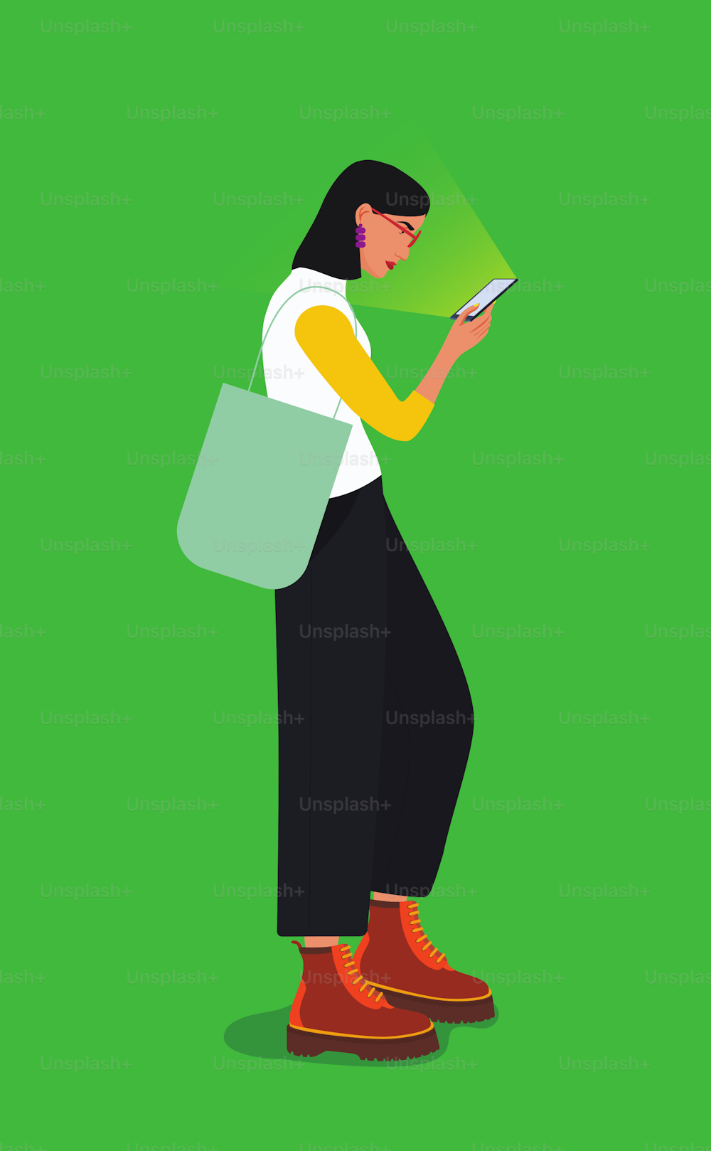 Vector illustration of detailed fashion girl,walking and watching phone.