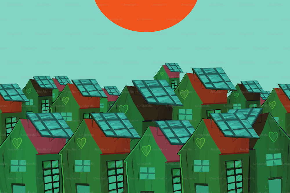 Illustrazione del potenziale buon uso dell'energia proveniente dai pannelli solari che aiuta la città ad essere ecologica e verde