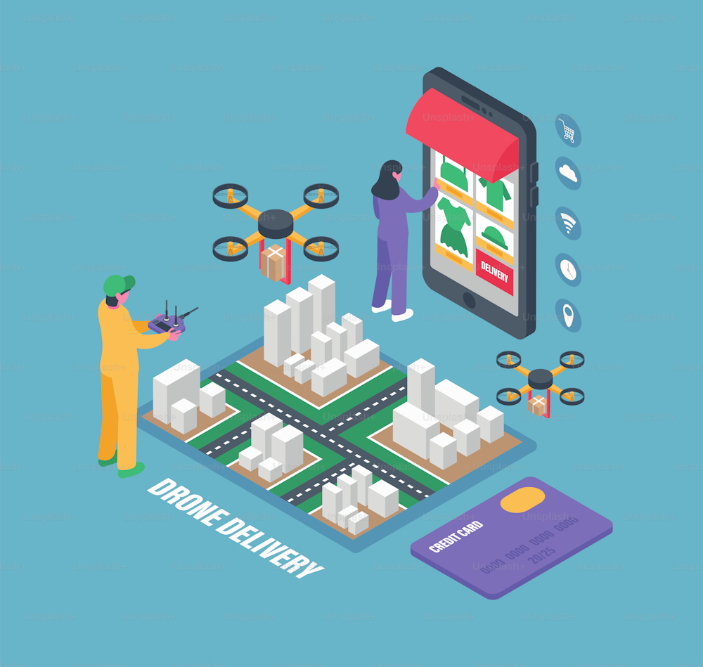 Delivery by drones. Isometric vector illustration.